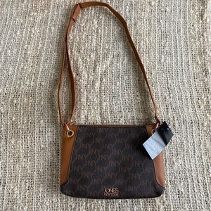 Jones New York Signature Handbag Purse Brown Monogram Pattern Faux Leather New